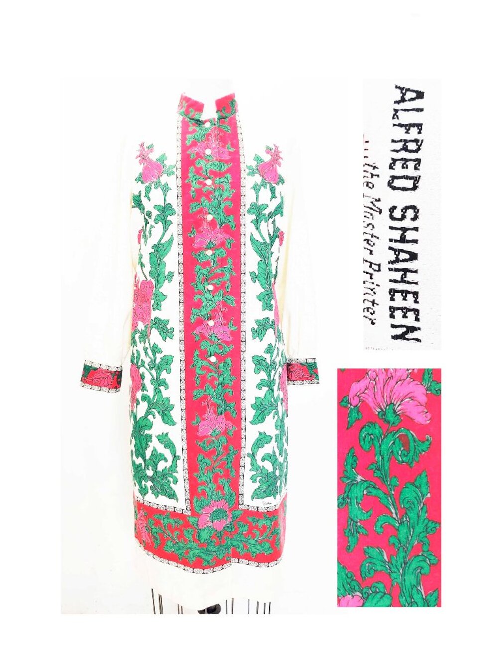 Vintage 60's Alfred Shaheen Womens Cotton Pink Floral Long Sleeve Shift Dress